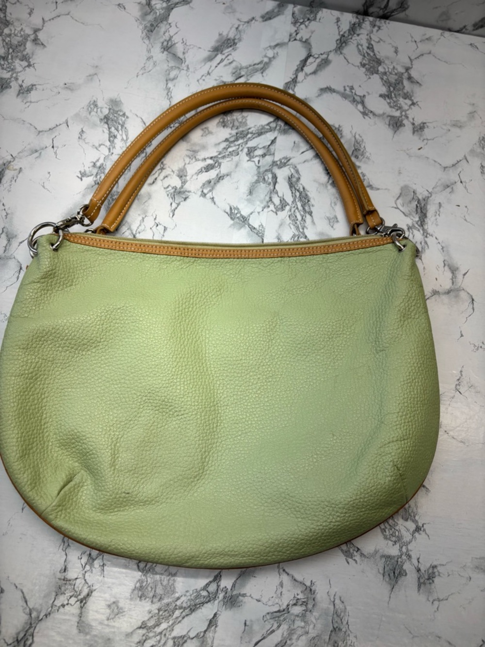 Maxx New York Light Green Shoulder Bag with Tan Handles